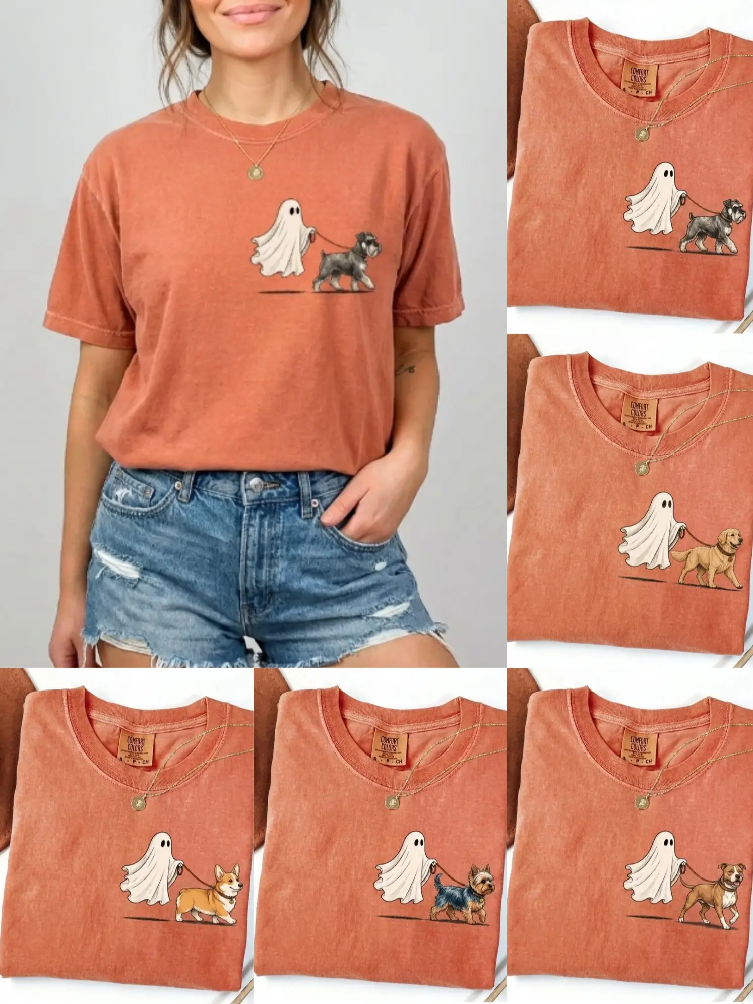 Comfort Colors Halloween 50+ Dog Breeds Shirt, Cute Ghost Walking Dogs Graphic Tee, Spooky Pocket Print Style, Funny Fall Dog Lover Gift, Vintage Pet Apparel