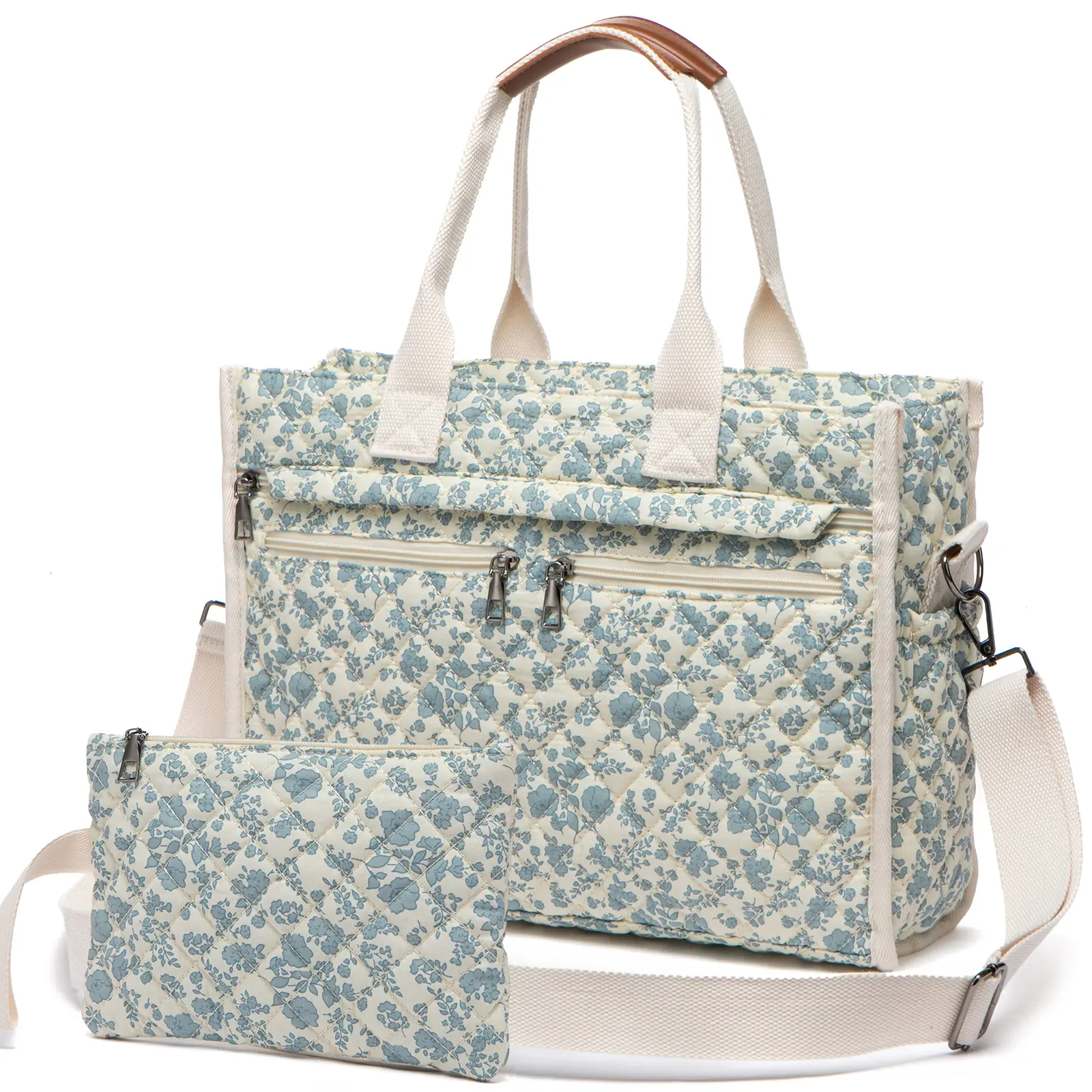 Quilted Tote Bag for Women, 14 Pockets, Large Teacher Crossbody Handbag, Floral Cotton Laptop Purse for Work College Travel
