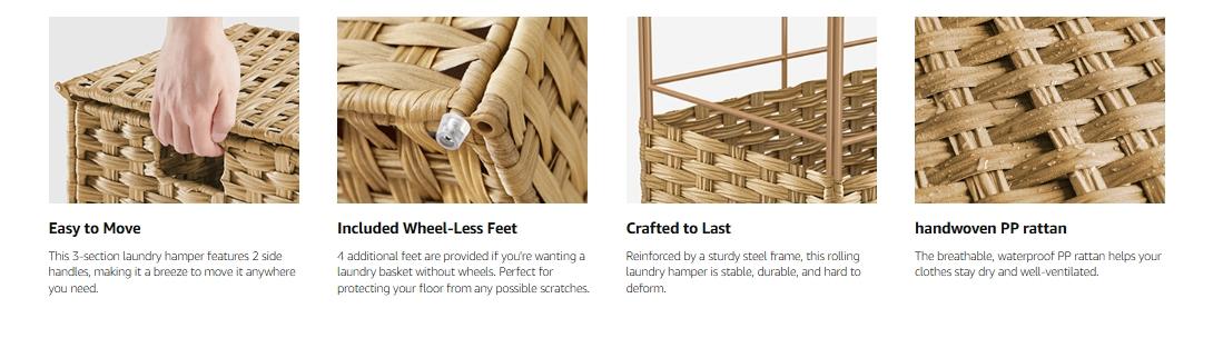 SONGMICS Laundry Hamper with Lid,  Large Capacity, Rolling Laundry Basket with Wheels, 3-Section Synthetic Rattan, Removable Liner