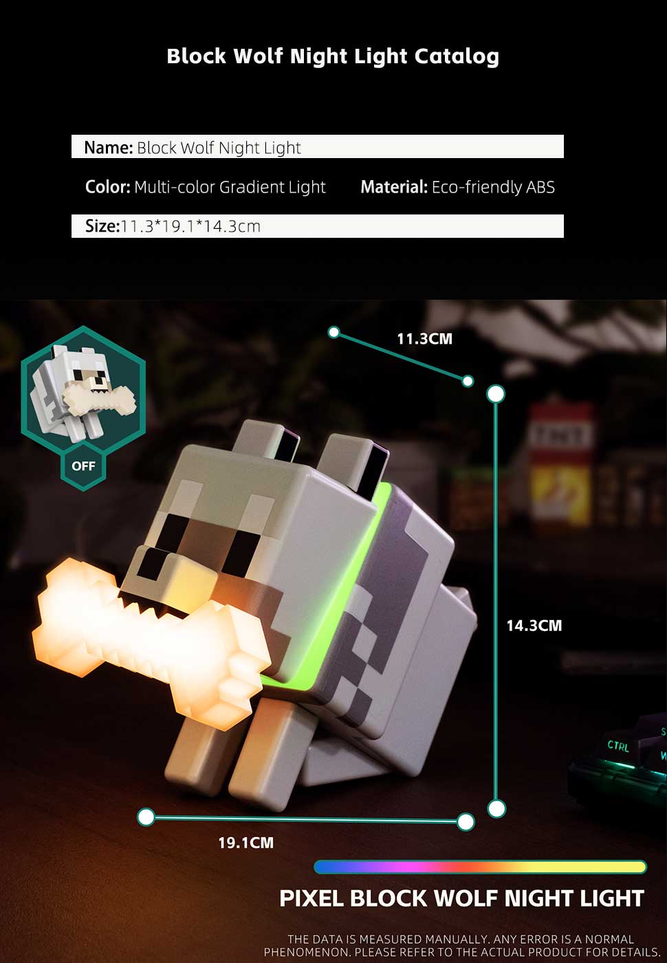 DIYCOM 3D Printing Handmade Pixel Wolf LED Night Light with Glowing Bone and RGB Collar Stylish Room Decor New Year And Valentine's Day Gift