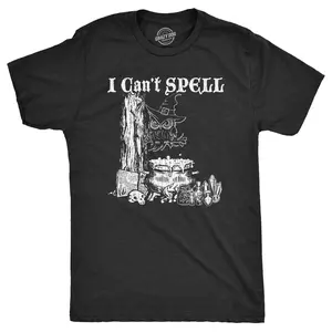 Mens I Cant Spell T Shirt Funny Halloween Witch Owl Spelling Joke Tee for Guys Mens Funny T Shirts Cool Vintage Fashion T-Shirt Gift Classic Menswear Halloween Apparel for Men Funny Sarcastic Short Sleeve Black -