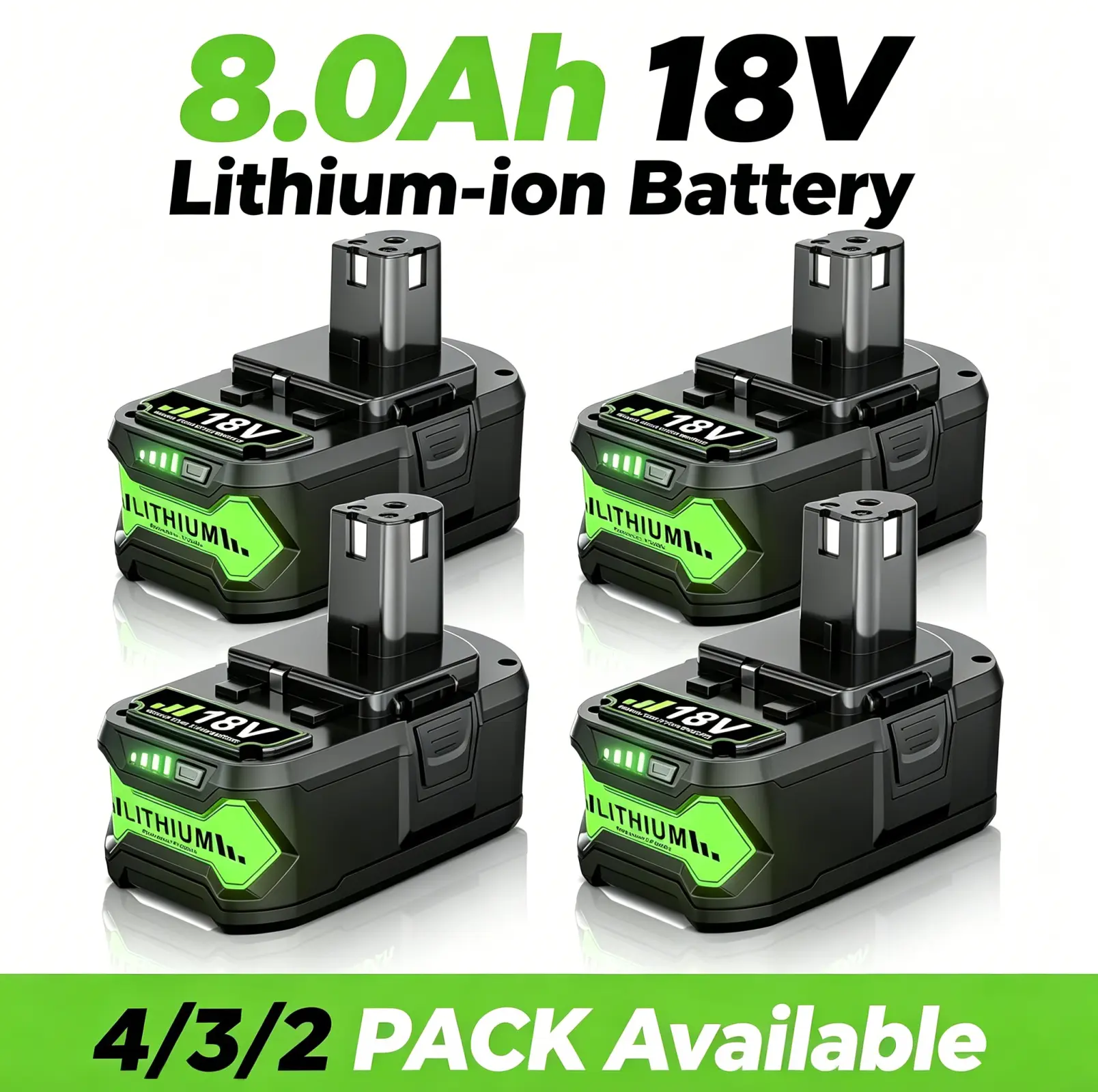 8.0Ah Capacity Lithium-Ion Replacement Battery for Ryobi 18V Cordless Power Tools, Multiple Packs (2/3/4-Pack Options), Compatible with P108, P107, P105, P104, P103, P102