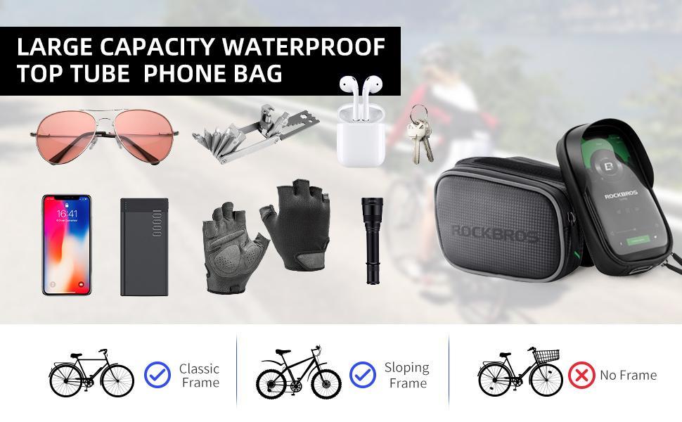 ROCKBROS Bike Bag Waterproof Top Tube Phone Bag Front Frame Mountain Bicycle Touch Screen Cell Phone Holder Pouch Ebike