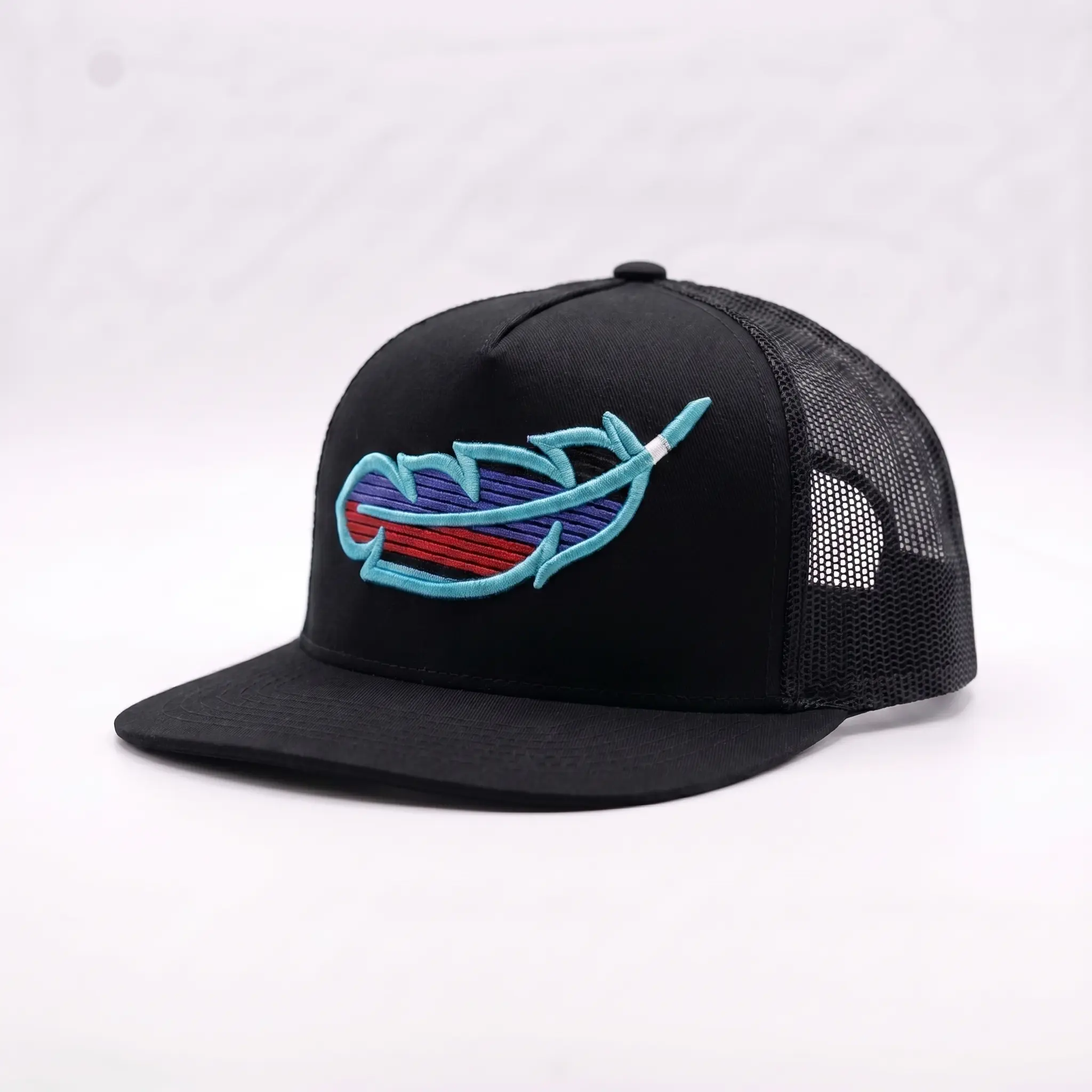 Feathered Outlaw Trucker Hat with a Bold Blue Feather, Casual Cap with a Breathable Mesh Back and Adjustable Snapback, Casual Hat, Mesh Back Keeps Airflow Easy, Classic Trucker Hat