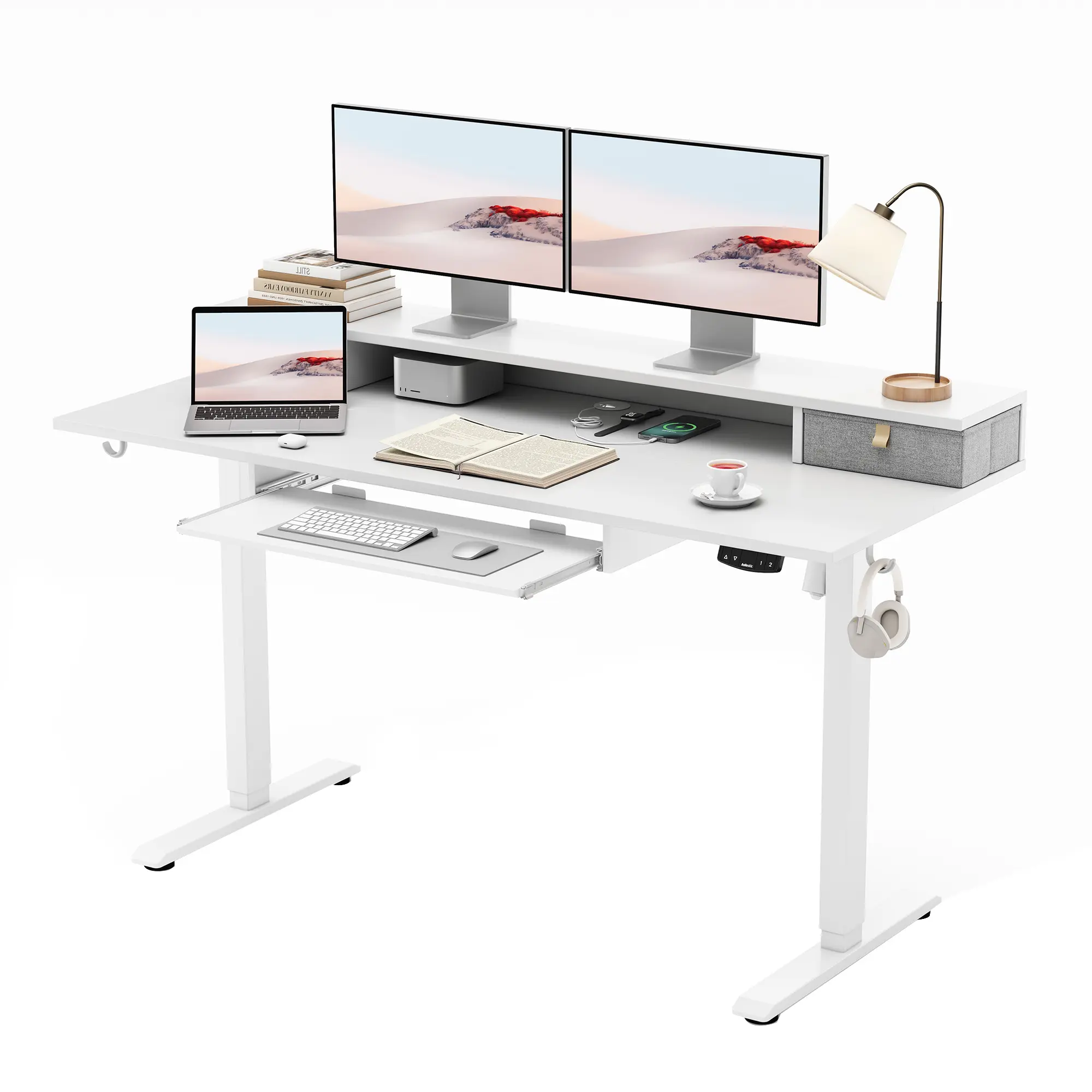 Agilestic Adjustable Electric Sit Stand Desk - Durable Black Summergarden Office Furniture with Practical Desktop Stand, Keyboard Tray, Drawers, 4 Memory Height Settings, 2 Headphone Hooks, Assembly Required
