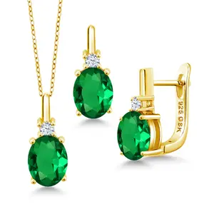 Gem Stone King Gemstone Birthstone Pendant and Earrings Jewelry Set for Women in 18K Yellow Gold Plated Silver | Oval 8X6MM and Round 2.5MM | With 18 Inch Chain