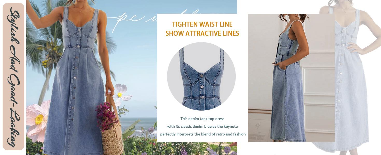 utcoco Denim Dress for Women Sleeveless Button Down Slim Fit Midi Jean Dresses for Women 2026 SpringStatements