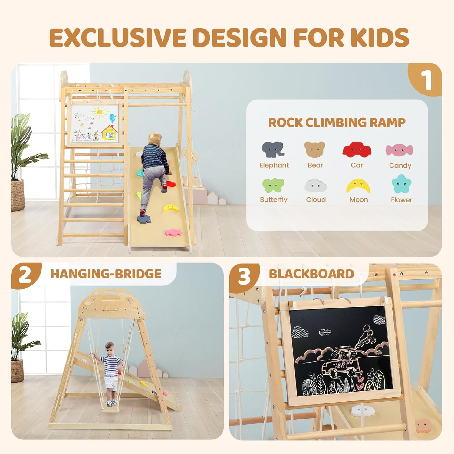 JOYMOR 8-in-1 Indoor Jungle Gym for Kids and Toddlers with Hanging-Bridge and Swing, Wooden Indoor Playground with Slide, Blackboard, Ladders for Toddler Climbers JOYMOR 8-in-1 Indoor Jungle Gym for Kids and Toddlers with Hanging-Bridge and Swing, Wooden Indoor Playground with Slide, Blackboard, Ladders for Toddler Climbers