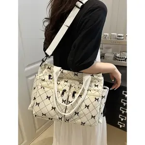 Fashion Colorblock Bow Print Shoulder Bag, Lightweight Tote with Multiple Pockets, Large Capacity Laptop Compartment Bag for School & Daily Use, Fashionable Patterned Bag