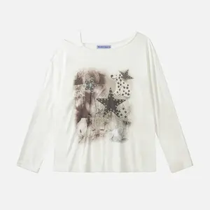 Aelfric Eden Star Collage Off The Shoulder Long Sleeve Tee Y2K Graphic Top Casual Streetwear