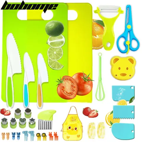 BOBOME 32-Pcs Thick Children’s PP Plastic Play Kitchen Knives Set - Safe PP Handles Resist Daily Wear, Durable Utensils with Serrations for Cheese, Fruits, Vegetables, Baby Shower/Birthday Party Pretend Play