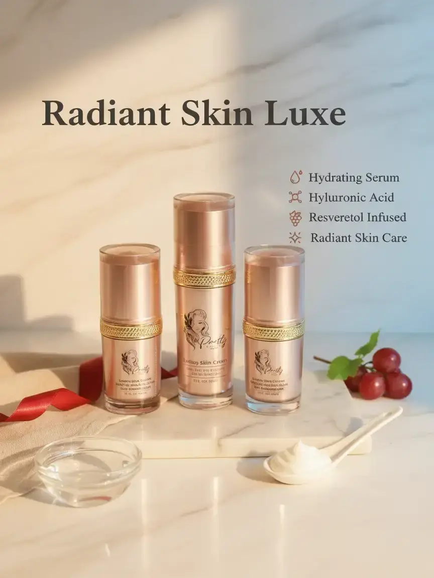 PRETTY NATURE BY JOYCE Luxury 3-Piece Glow Skincare Set - Vegan Hydrating Serum, Eye Cream for Eyes & Dark Circles, Moisturizing Face Cream with Hyaluronic Acid, Collagen, Vitamin C, Resveratrol - Unisex, Plumper Radiant Skin, Moisture, Primer, Chamomile,