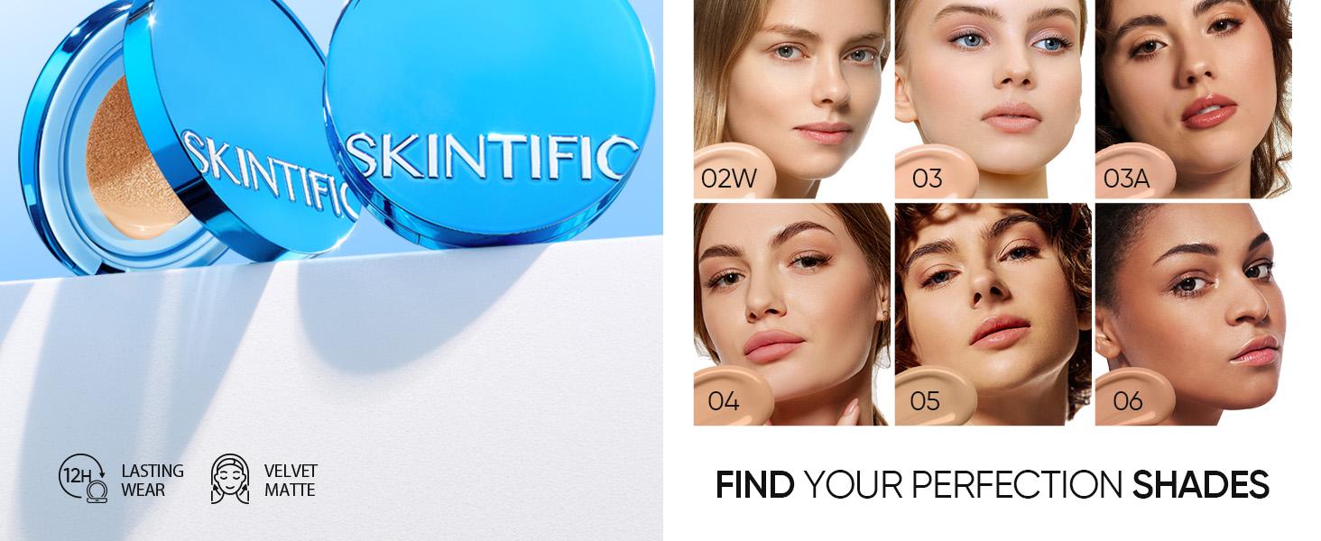 [New Shade Launch] SKINTIFIC Velvet Matte Cushion Foundation Blue Ultra Cover Powder Foundation, 12h Oil-Control, Lightweight, Long-Lasting, Waterproof Korean Cushion Makeup