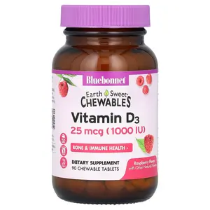 Bluebonnet Nutrition EarthSweet® Chewables, Vitamin D3, Raspberry, 25 mcg (1,000 IU), 90 Chewable Tablets