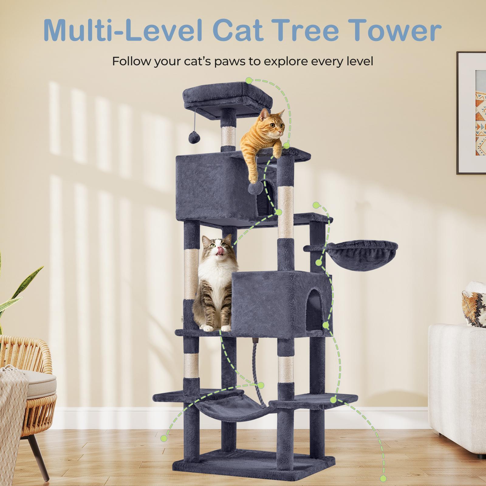 66 inch Large Cat Tree for Multiple Cats, Multi-Level Cat Tower with 2 Condos, 3 Perches, Hammock & Pompoms, Extra Wide Platform for Indoor Cats and Kittens Play