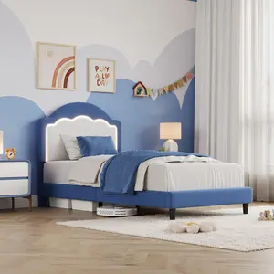 Bed Frame with Adjustable Headboard, Sherpa Fleece Upholstered Platform Bed Frame with LED Lights, 750 LB Capacity, Wooden Slats Support, No Box Spring Needed,Blue