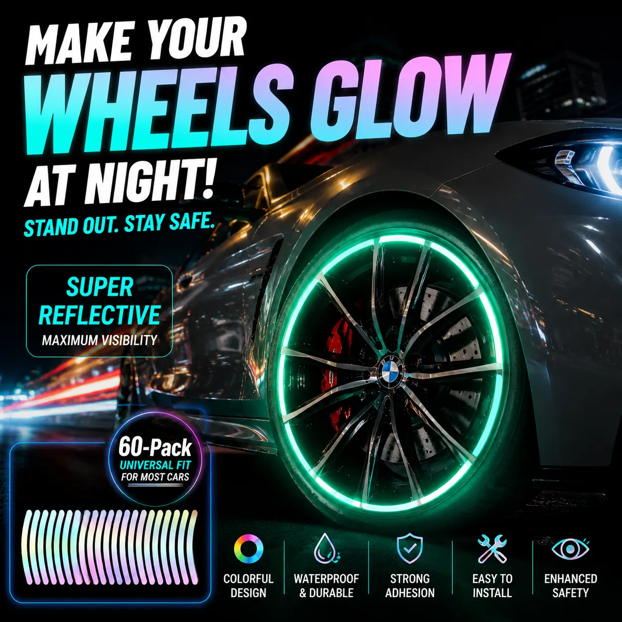 60PCS Glow in The Dark Wheel Rim Stickers – Reflective Car Wheel Decals, Waterproof & Easy to Install, Universal Fit for Most Cars