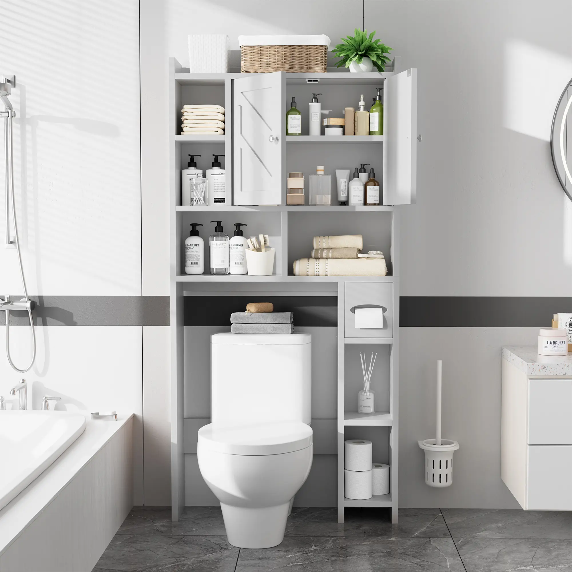 Walsunny Over The Toilet Storage Cabinet, Farmhouse Storage Cabinet with 2 Barn Door & Toilet Paper Holder Stand, Toilet Rack for Bathroom, Laundry Furniture Organizer