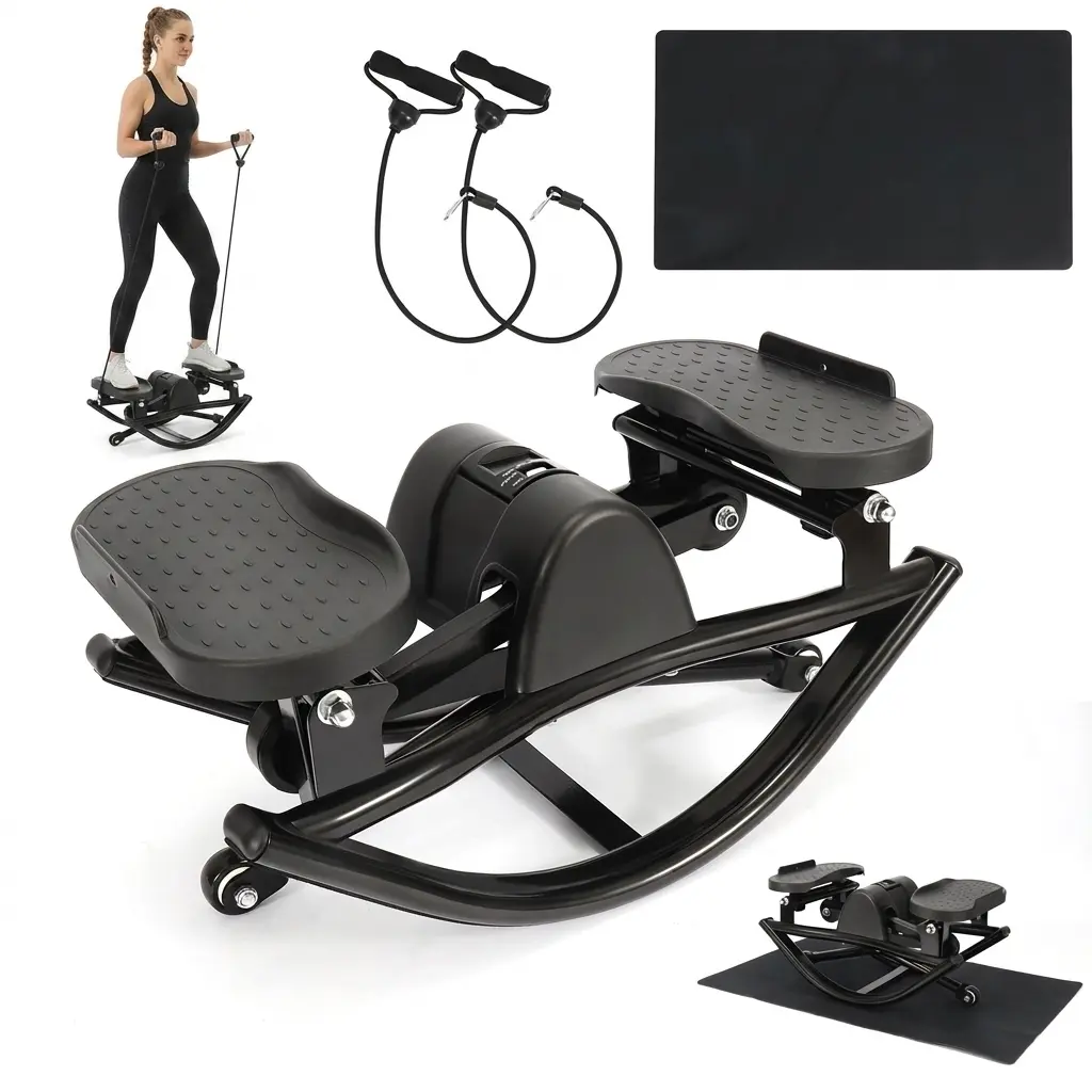 Quiet Rocking Mini Stepper for Home Workouts Low-Impact Side to Side Elliptical Motion Gym Machine with Mat & Bands