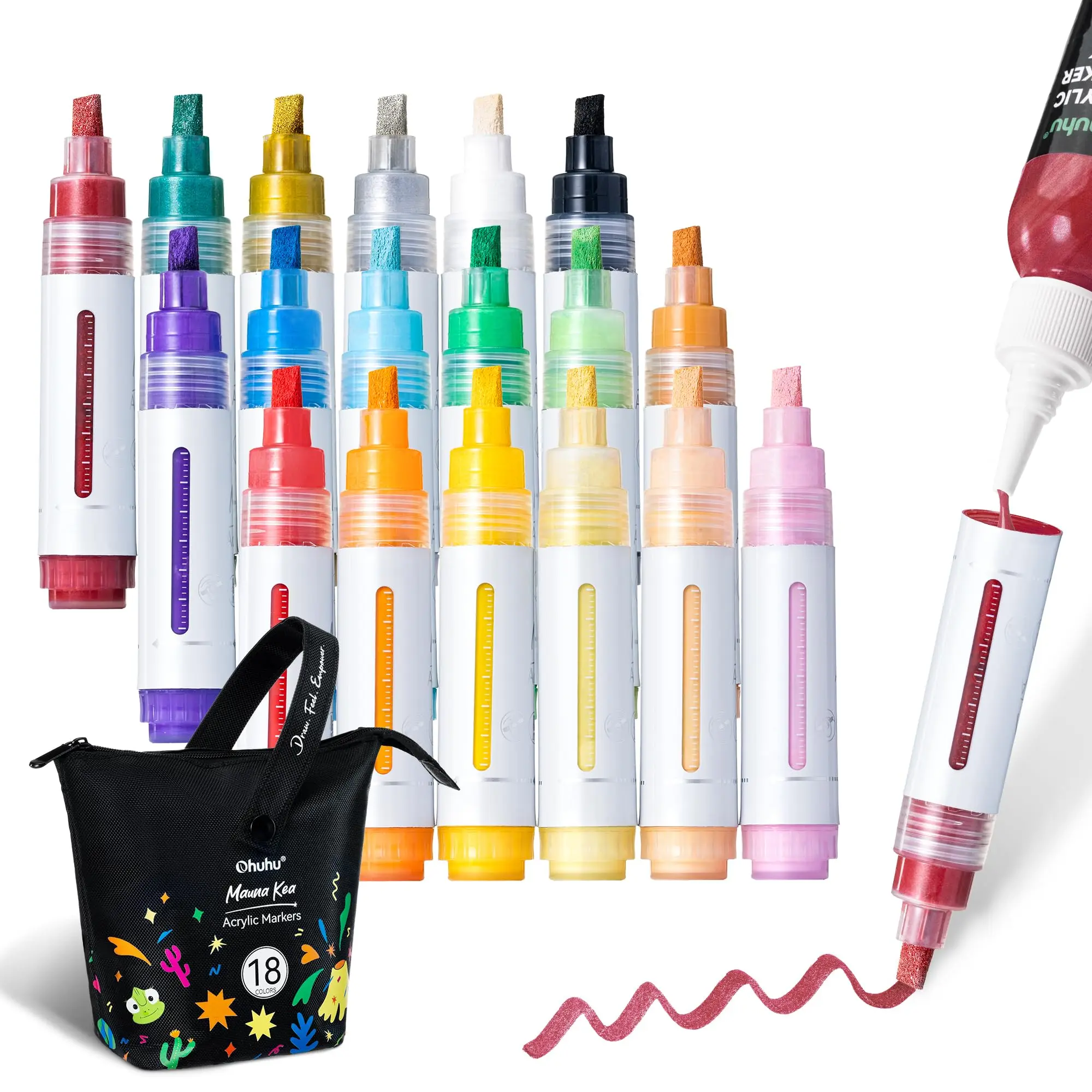 Ohuhu Acrylic Paint Markers: Reversible Tip Jumbo Chisel & Round - 18 Colors - Acrylic Markers Excellent Coverage Paint Pens Water-Resistant Permanent for Poster Wood Glass Ceramic Rock Painting - Mauna Series of Ohuhu