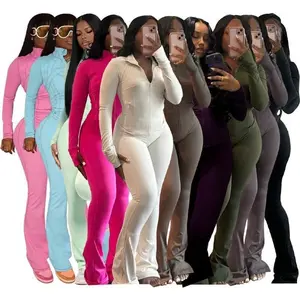 Women’s 2-Piece Lounge Set - Cozy Zip-Up Crop Jacket & Flare Pants Tracksuit - Stretchy Workout Outfit for Home, Gym & Streetwear SummerGift
