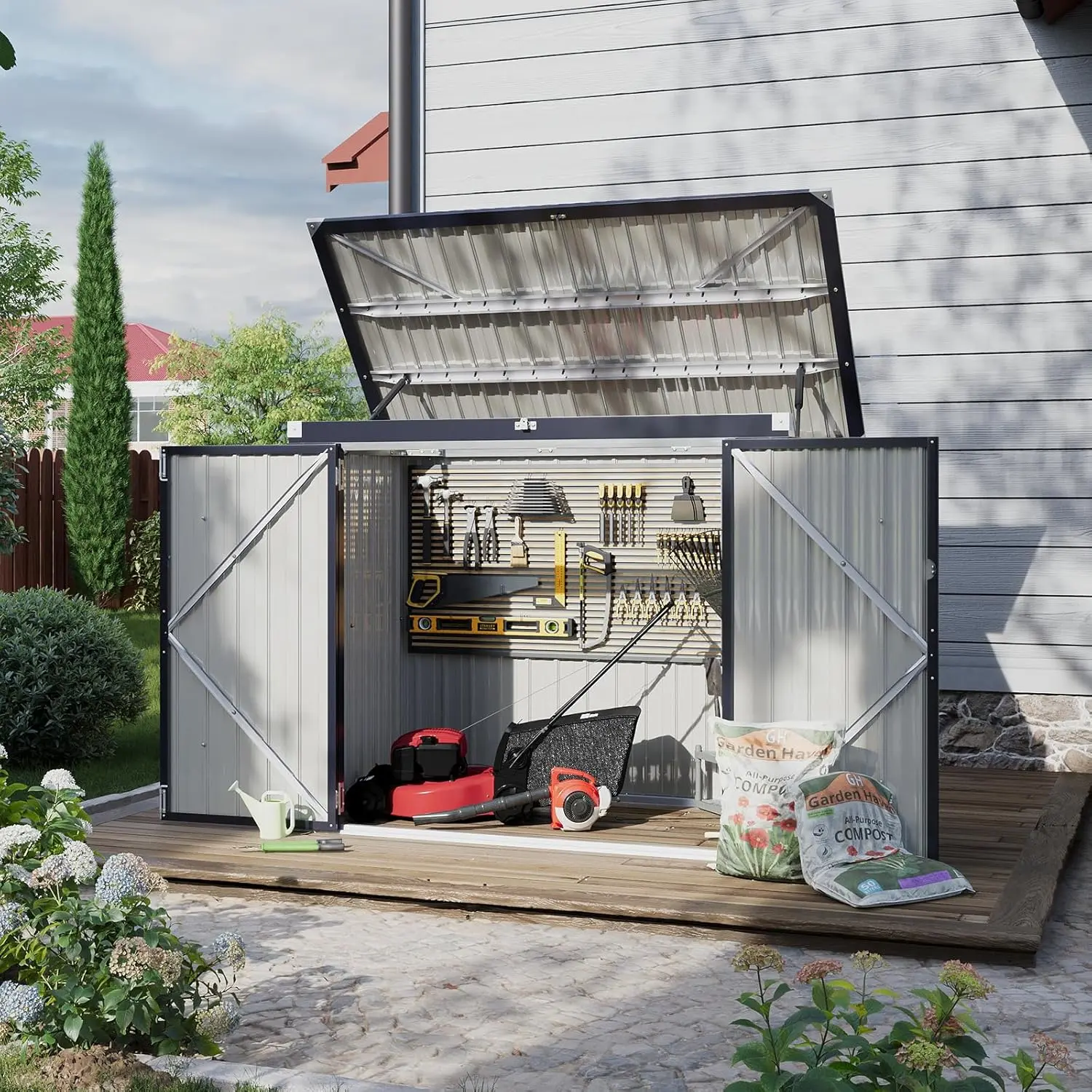 Aoxun 60 Cu. Ft Durable Heavy Duty Steel Weatherproof Metal Outdoor Trash Can Storage Shed, 5x2.6 Ft Horizontal Shed w/Lockable Doors, Waterproof Lid Chain - Holds Trash Cans, Toys, Garden Tools for Garden, Backyard, Durable Garden Shed, Heavy Duty Shed