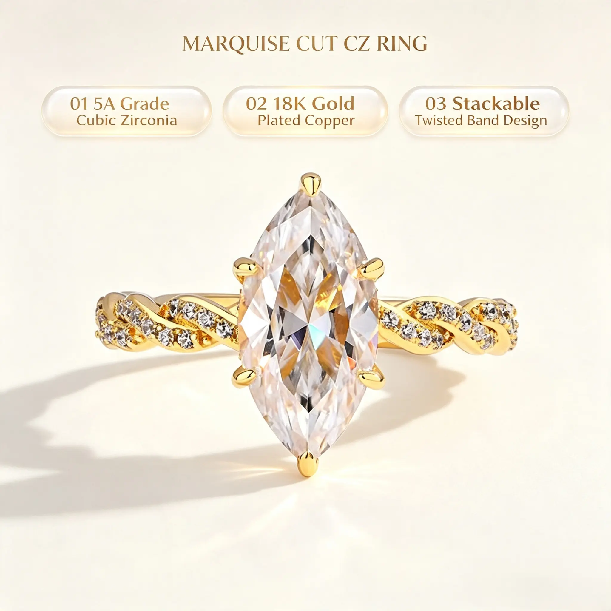 18K Gold Plated Marquise Cut Ring for Women, 5A Grade Hearts & Arrows Cubic Zirconia Stackable Wedding Band，marquise, engagement, Statement Ring Elegant Everyday Ring Bridal Ring Elegant Engagement Ring