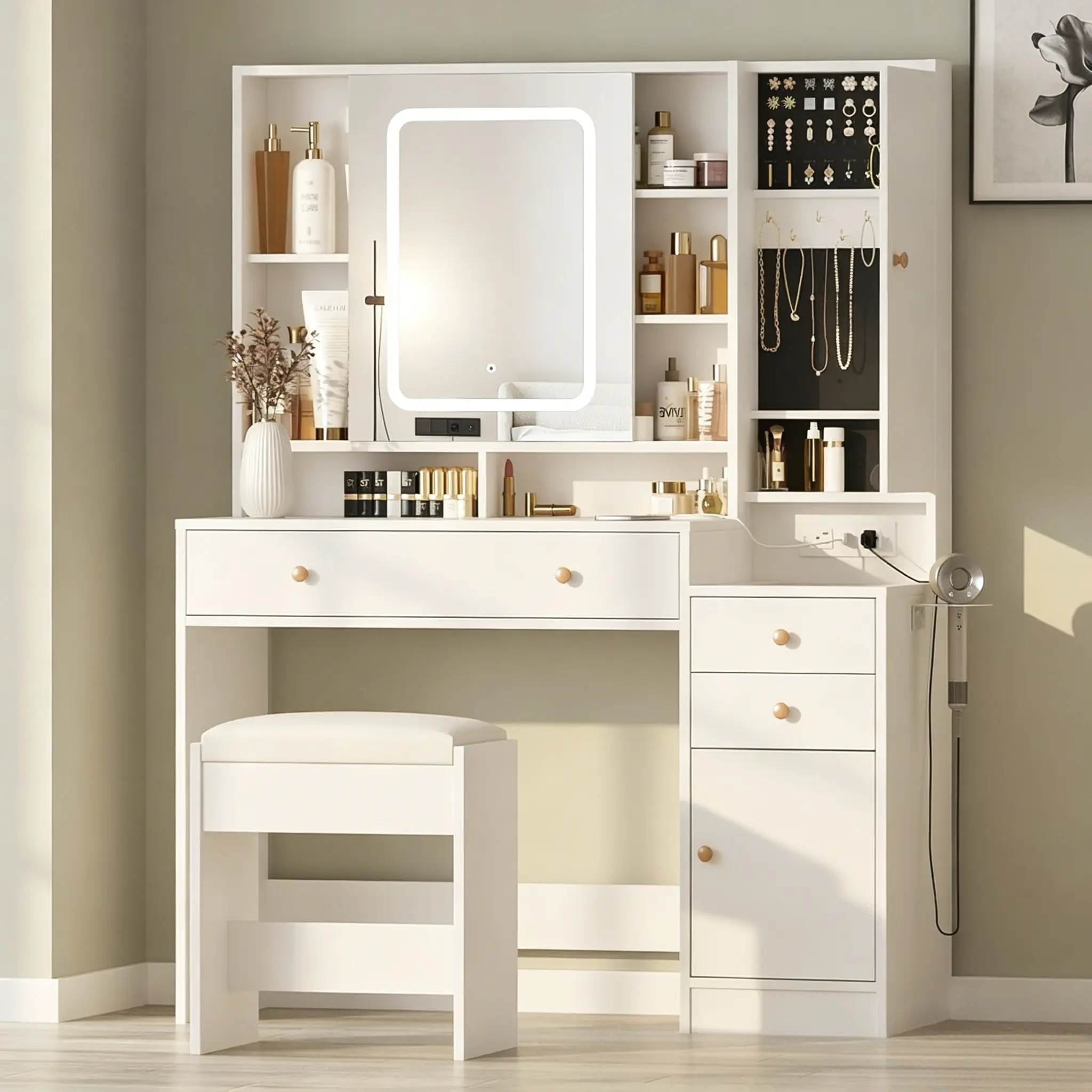 [tiktokshopbacktoschool] Vabches White Vanity Desk with Mirror and Lights, Vanity Table Makeup Vanity with Lights 3 Drawers and Cabinets,dorm essentials,home decor
