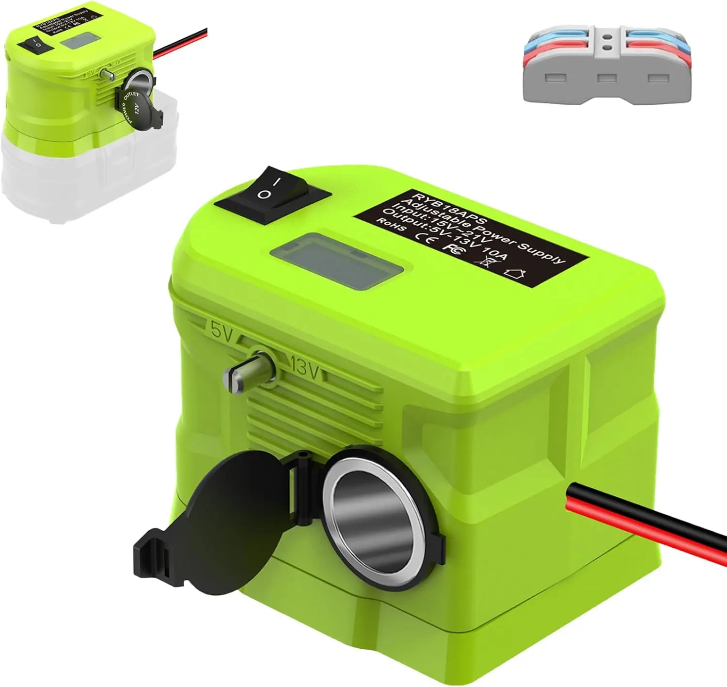 Ryobi 18V-to-12V Step-Down Voltage Conversion Power Wheel DIY Battery Adapter - 10A Max, 120W, 5V-13V DC Power Supply, Portable Fireproof Plastic, Cigarette Lighter Connector for 12V In-Vehicle Devices, Compact Outdoor Design for DIY Enthusiasts, Camping