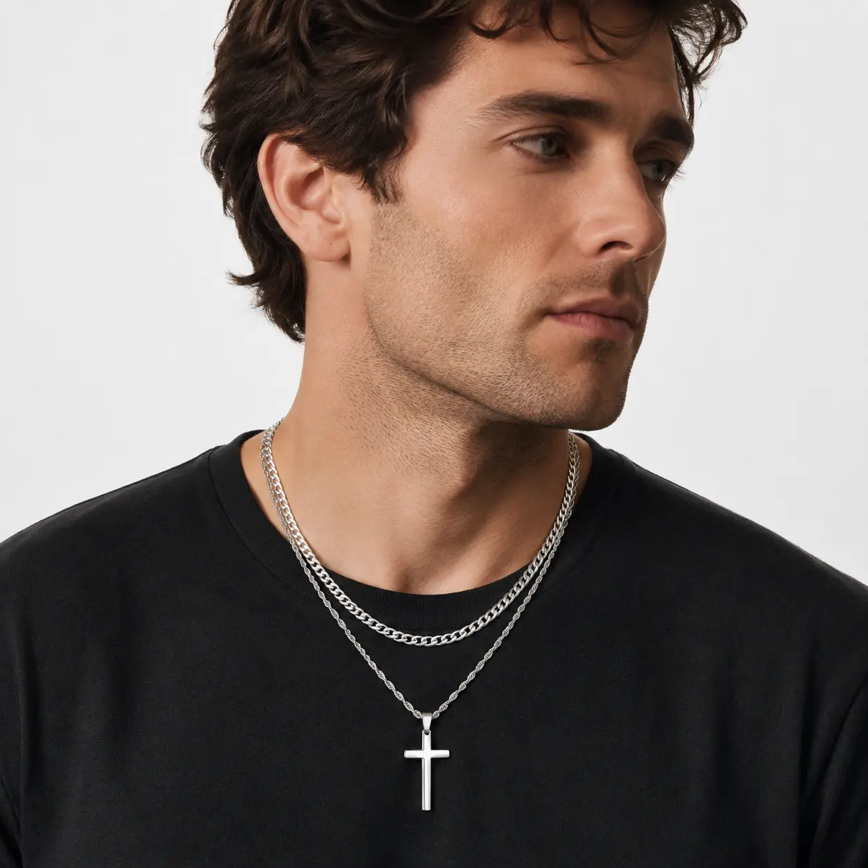 Cross Necklace for Men, Layered Mens Cross Necklaces Stainless Steel Cross Pendant Cuban Link Rope Chain | 【Men Gifts】Cross Necklace for Men, Silver Tone/Gold Plated Mens Cross Necklaces with 3mm&5mm Cuban Chain 19.69-21.65 Inch