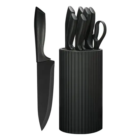NULAS 8-Piece Rust-Resist Coat Kitchenware Knife Block Set, Sharp Ergonomic Kitchen Shear, Serrated Black Stain-Resistant Coating, Dishwasher Safe Household Items for Everyday Use (Black)