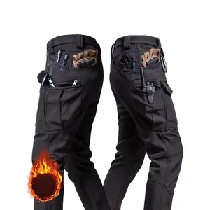 Waterproof Windproof Soft Shell Fleece Lined Tactical Pants - Men's Outdoor Military Work Pants - Polyester 90.70% Spandex 9.30%, Mid Waist, Regular Fit, 320g/m², with Pockets, No Belt, Casual Weekend Wear Black Menswear