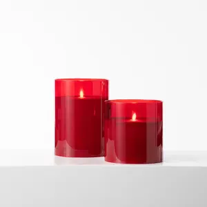 Large Moving Flameless LED Red Glass Pillar Candles with Remote - 3 Options Available