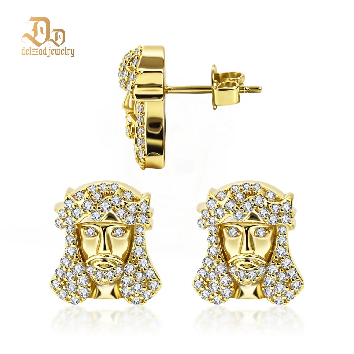 Delzzad 14K Gold-Plated Divine Sparkle Iced Messiah Stud Earrings Unisex Hip Hop Jesus Head Earrings Synthetic Moissanite Stud Earrings Copper Studs Moissanite Earring Jewelry Perfect Gift for Men Women