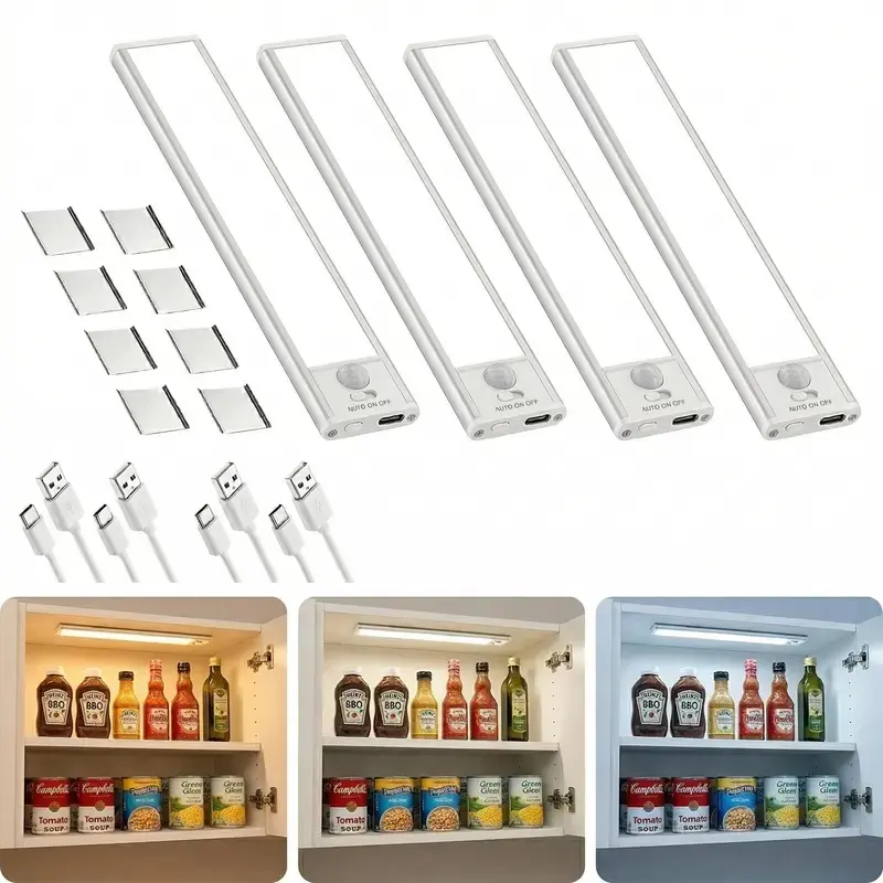4 Pack Rechargeable Under Cabinet Lights, 80 LED Motion Sensor Closet Lights, Magnetic Stick-On Dimmable Night Lights with 3 Color Temps for Kitchen, Pantry, Stairs, Wardrobe, Garage