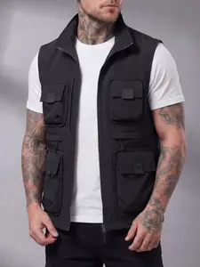 Men’s solid-color multi-pocket vest jacket, regular fit, casual outdoor fishing/camping sleeveless outerwear with 12 pockets; new everyday fashion men’s apparel suitable for all seasons—running wear; men’s summer clothing; menswear; zip-up vest; sleeveles