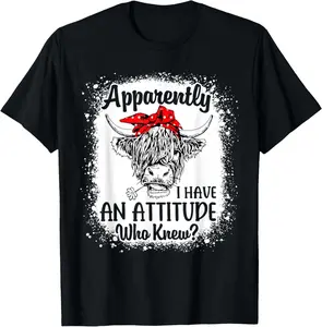 Bleached Highland Cow Apparently I Have An Attitude Who Knew Summer Casual Shortsleeve Cotton T-Shirt