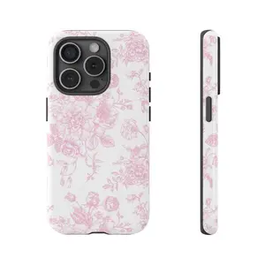 Compatible with iPhone 17 ProMax Tough Case Pink and White French Toile De Jouy Phone Case, Light Pink Floral Phone Cases Phone Cover Hard Case Tough 2-piece Phone Case Durable Protection