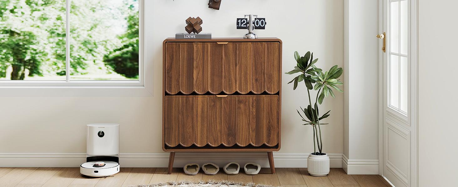 Giratree Shoe Storage Cabinet for Entryway with 2 4 Flip Drawers, Freestanding Narrow Wood Shoe Cabinet with Wave Panel, Hidden Shoe Organizer for Foyer, Hallway
