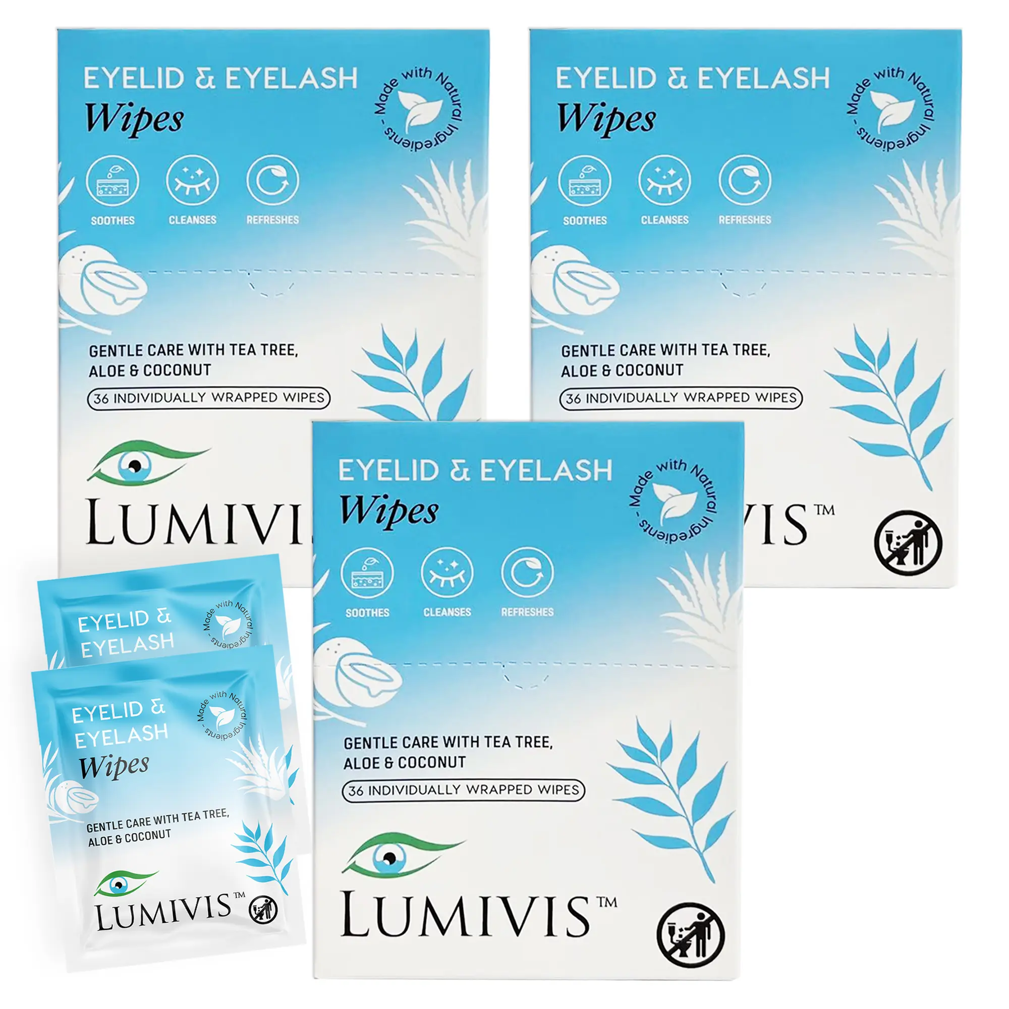 LUMIVIS Extra Large Eyelid Cleansing Wipes (108 Pcs) - Tea Tree & Coconut Oil Makeup Remover, Gentle Textured Disposable Towels for Adults' Eye Area, Soothing for Sensitive Skin