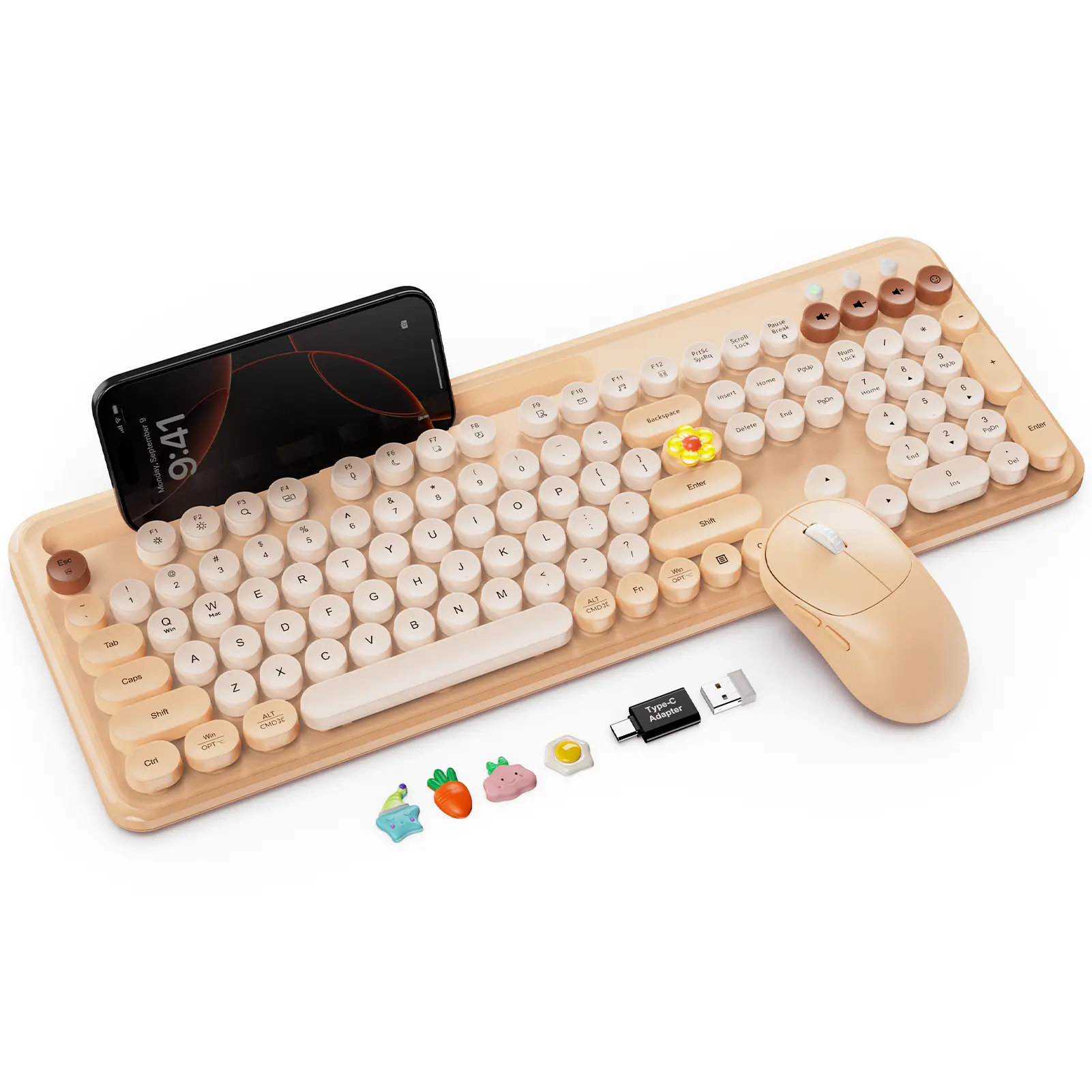SABLUTE CK13 Retro Round Keycap Foldable Multifunctional Colorful Mechanical Keyboard & Mouse Combos, 2.4 GHz Wireless Non-Bluetooth, with Phone/Tablet Holder, Compatible for Computer Laptop Windows, Foldable Keyboard, Multifunctional Keyboard