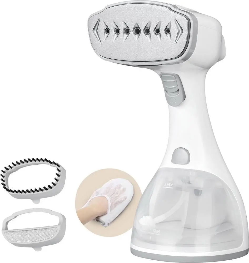 LEBENLANG 1500W Portable Handheld Travel Steamer Iron (US Type) - Clothing Care Tool with Liner, Fabric Brush, Fast Heating, 18-Min Continuous Steam, Spray Function for Powerful Wrinkle Removal on White Garments