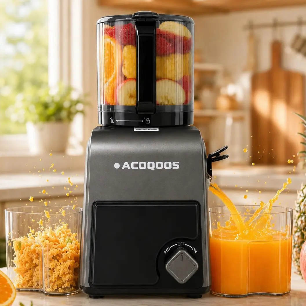 ACOQOOS Compact Vertical Cold Press Food Juicer Machine - 6.5in Wide Chute Slow Masticating Juicer, 350W Motor, Whole Fruit & Vegetable Compatible, High Yield, Celery Juice Friendly, Quiet Juicing, Maintains Freshness, Dishwasher Safe, Easy to Clean, Hous