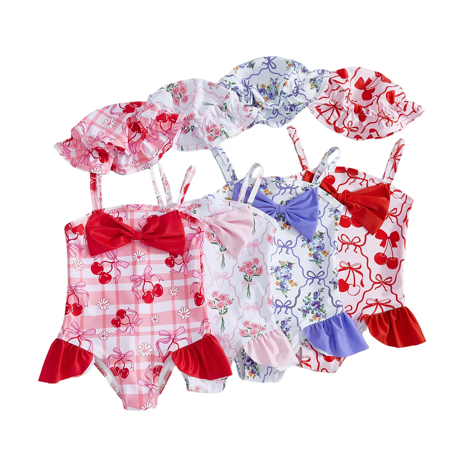 Toddler Baby Girl Swimsuit Set Flower Bow Spaghetti Strap Bathing Suit with Hat 2 Piece Set for Beach Pool 6M-4T