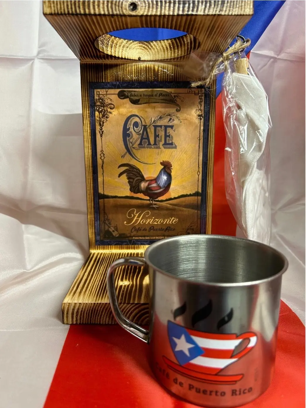 Puerto Rican Horizonte Coffee Maker with strainer and stainless steel mug
