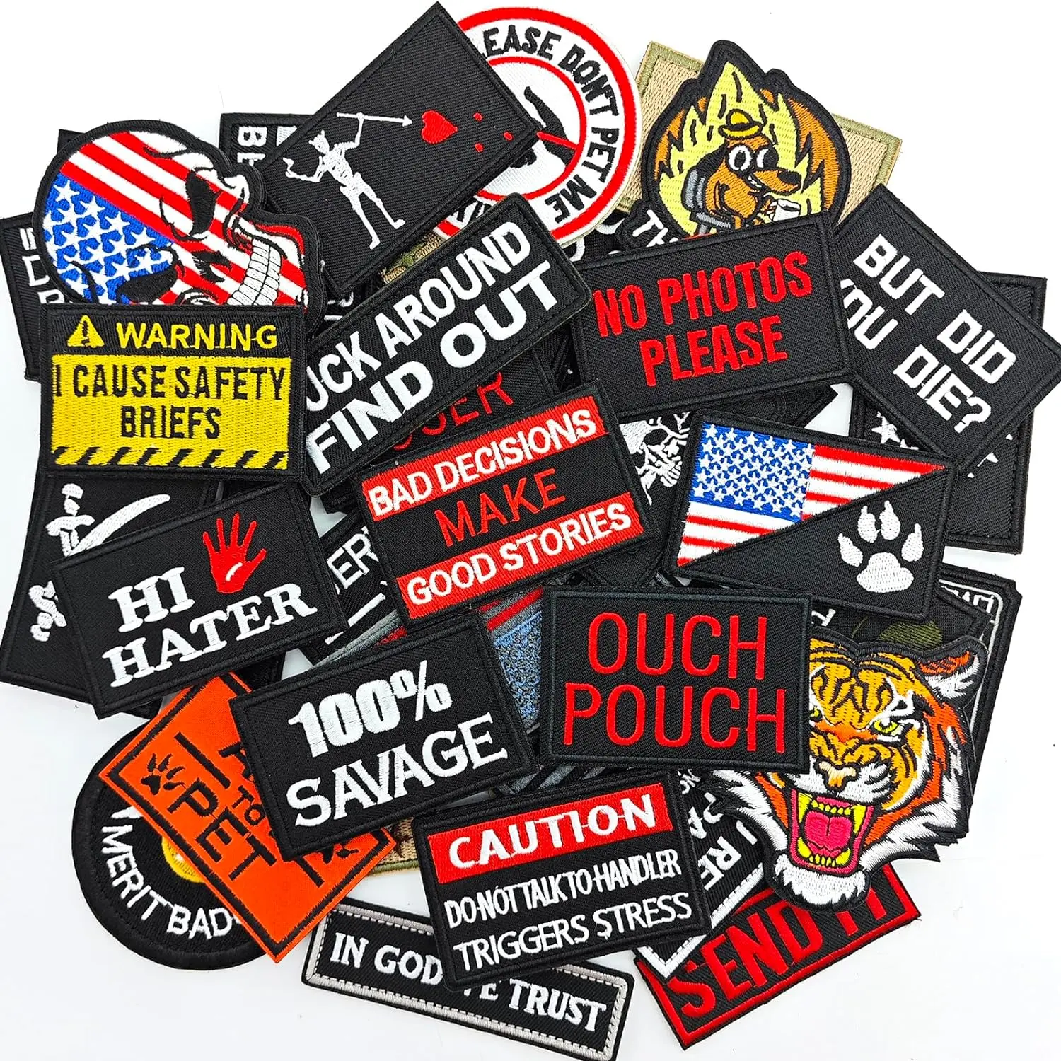 20 Full Embroidery Tactical Patches - Random Funny Patterns, Hook-and-Loop Backing - Military Outdoor Activity Accessories for Hats, Bags, Jackets, Cosplay (Tactical Look), Backpacks