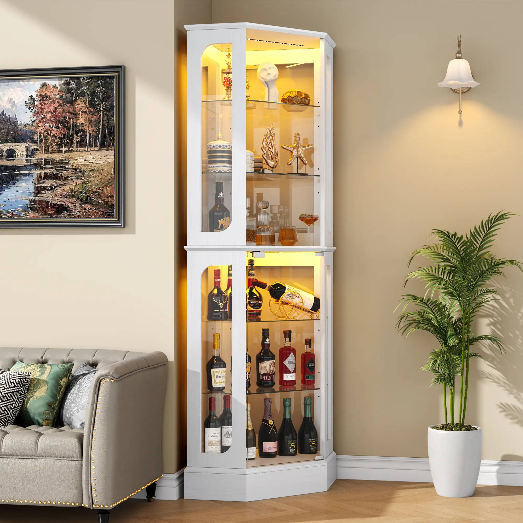 Kepptory Corner Curio Cabinet - Durable Modern Storage Solution with 7-Color RGB LED Lights, Open & Closed Storage Smart Furniture for Collectibles Home Decor, Display Glass Cabinets