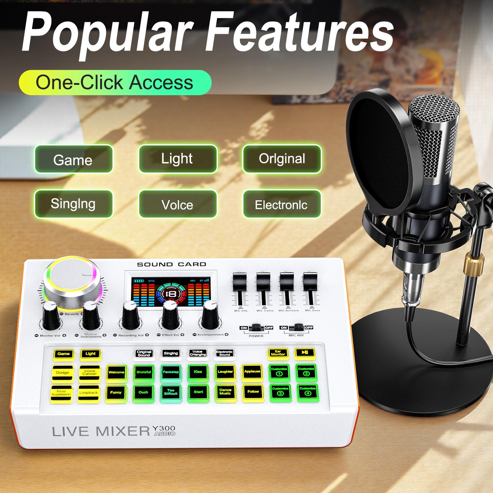 Y300 Audio mixer Podcast Equipment Bundle, Audio Interface with Cardioid Designer P15 Mic for Gamer and All-in-One DJ Mixer, Perfect for Live Streaming, Singing, YouTube, Gaming