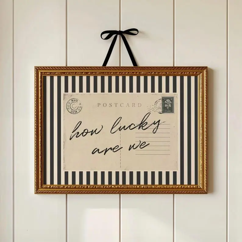 How Lucky Are We Postcard Print – Minimalist Quote Art, Old Money Sentimental, Neutral Living Room Art, Entryway Decor
