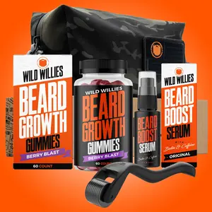 #1 Ultimate Beard Growth Kit — Beard Serum, Growth Gummies, Derma Roller + FREE Dopp Bag | WILD WILLIES